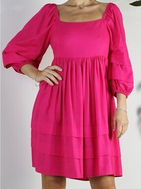 Fuchsia - Puff Sleeve and Square Neck Dress